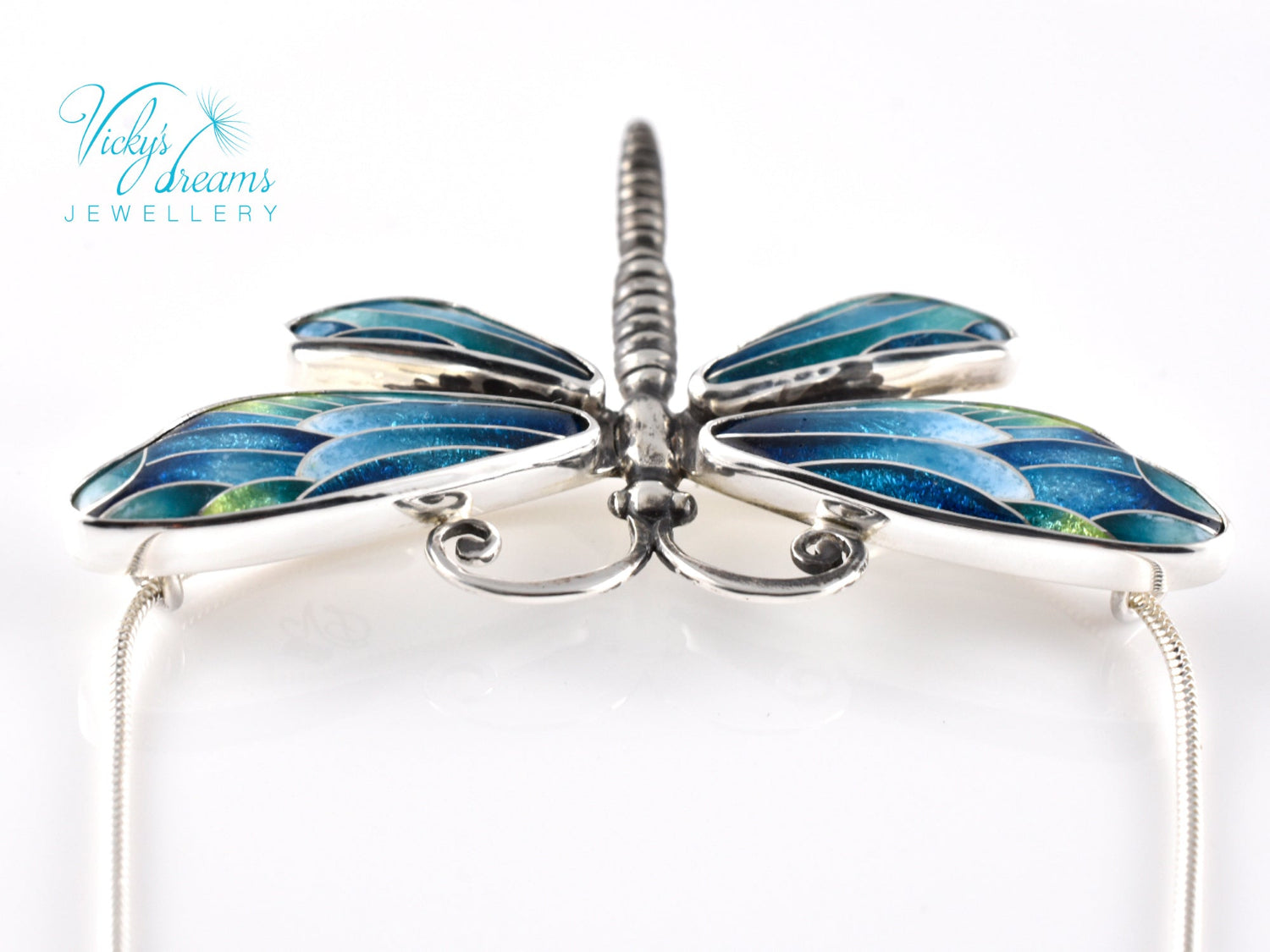 Handmade cloisonné enamel dragonfly pendant in oxidized sterling silver