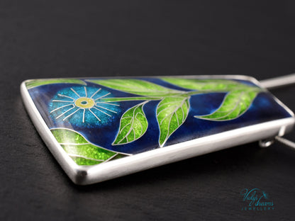 Handmade cloisonné enamel floral pendant on sterling silver necklace, vibrant botanical design