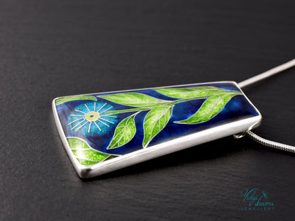 Handmade cloisonné enamel floral pendant on sterling silver necklace, vibrant botanical design