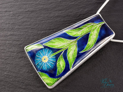 Handmade cloisonné enamel floral pendant on sterling silver necklace, vibrant botanical design