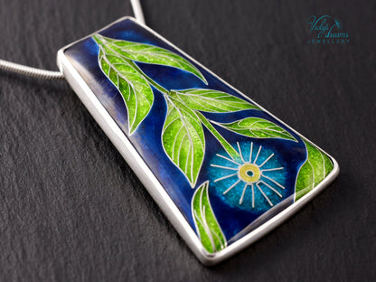Handmade cloisonné enamel floral pendant on sterling silver necklace, vibrant botanical design
