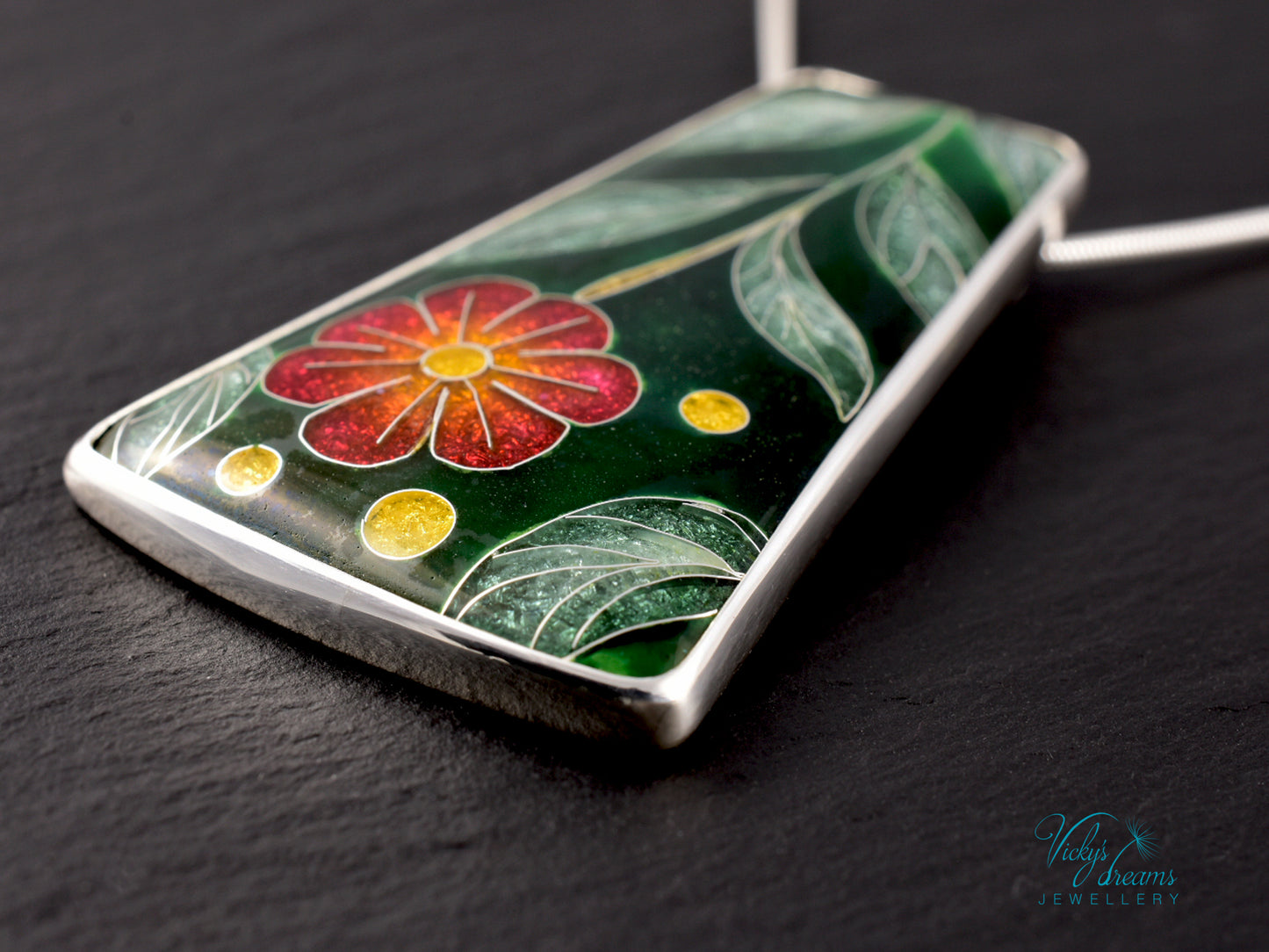 Handmade cloisonné enamel floral pendant on sterling silver necklace, vibrant botanical design