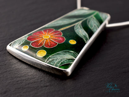 Handmade cloisonné enamel floral pendant on sterling silver necklace, vibrant botanical design