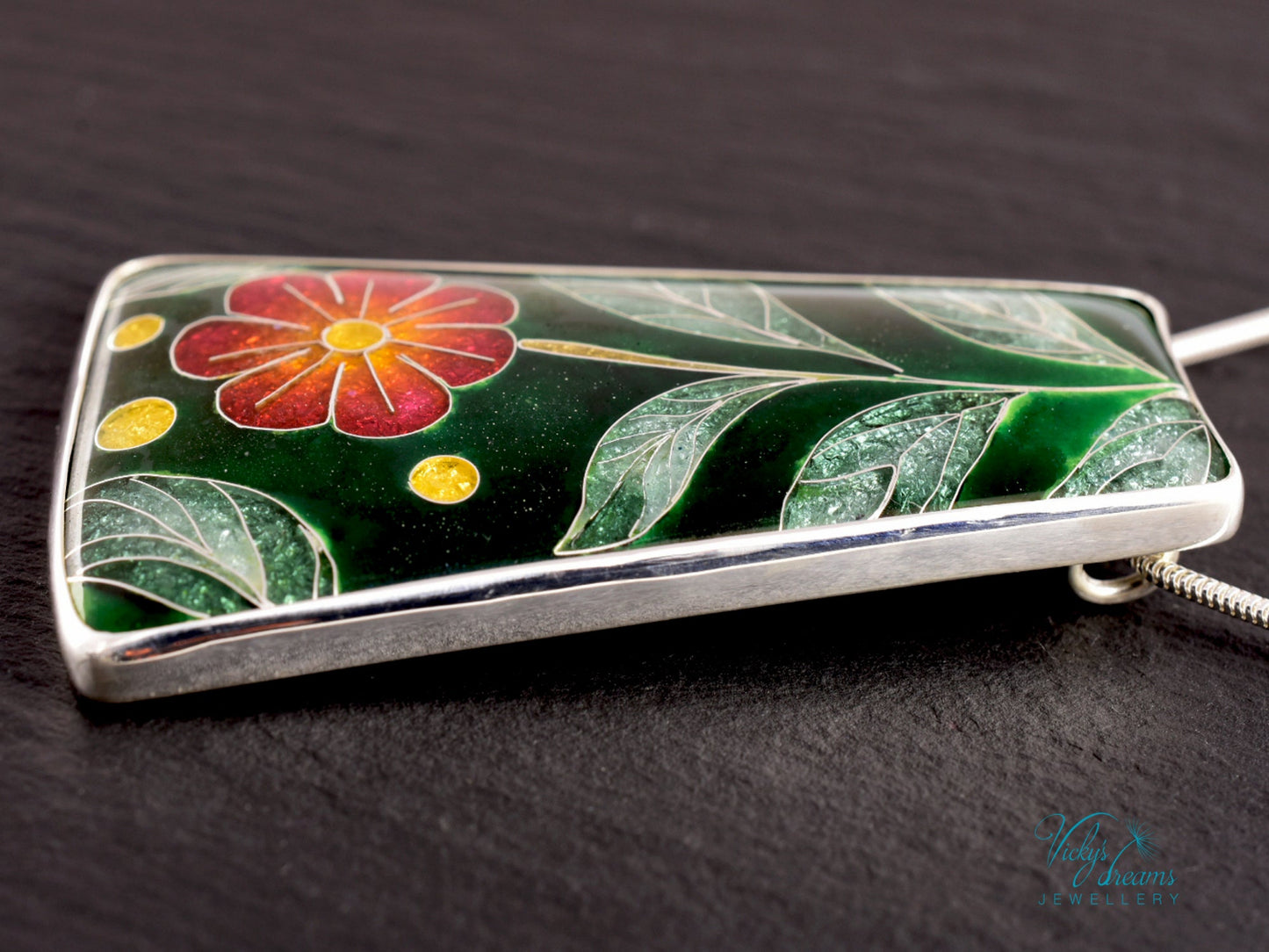 Handmade cloisonné enamel floral pendant on sterling silver necklace, vibrant botanical design