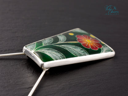 Handmade cloisonné enamel floral pendant on sterling silver necklace, vibrant botanical design