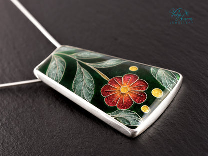 Handmade cloisonné enamel floral pendant on sterling silver necklace, vibrant botanical design