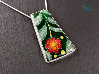 Handmade cloisonné enamel floral pendant on sterling silver necklace, vibrant botanical design