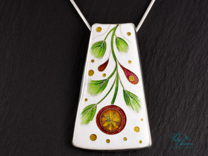Handmade cloisonné enamel floral pendant on sterling silver necklace, vibrant botanical design