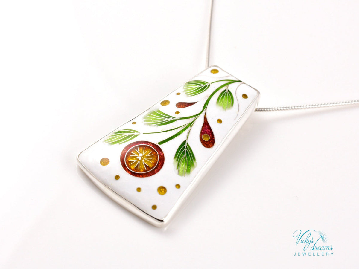 Handmade cloisonné enamel floral pendant on sterling silver necklace, vibrant botanical design