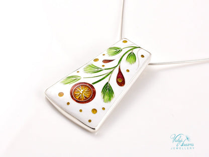 Handmade cloisonné enamel floral pendant on sterling silver necklace, vibrant botanical design