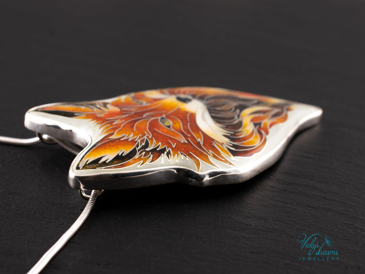 Handmade Cloisonné Red Fox Pendant in Sterling Silver – Enamel Fox Necklace, Organic Shape Artisan Jewelry