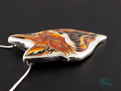 Handmade Cloisonné Red Fox Pendant in Sterling Silver – Enamel Fox Necklace, Organic Shape Artisan Jewelry