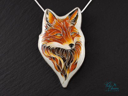 Handmade Cloisonné Red Fox Pendant in Sterling Silver – Enamel Fox Necklace, Organic Shape Artisan Jewelry
