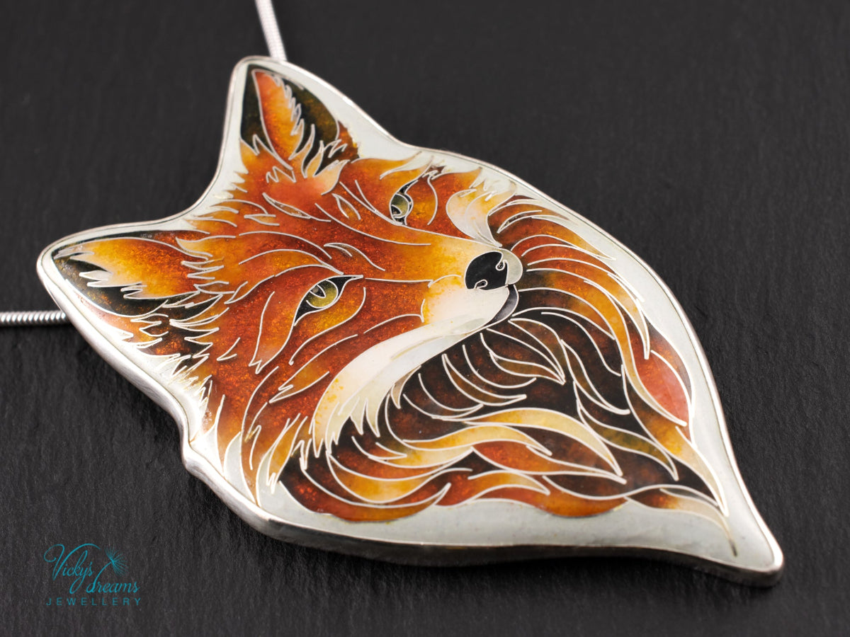 Handmade Cloisonné Red Fox Pendant in Sterling Silver – Enamel Fox Necklace, Organic Shape Artisan Jewelry