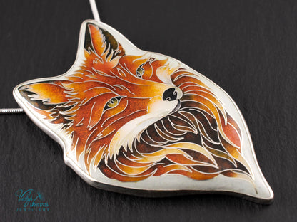Handmade Cloisonné Red Fox Pendant in Sterling Silver – Enamel Fox Necklace, Organic Shape Artisan Jewelry