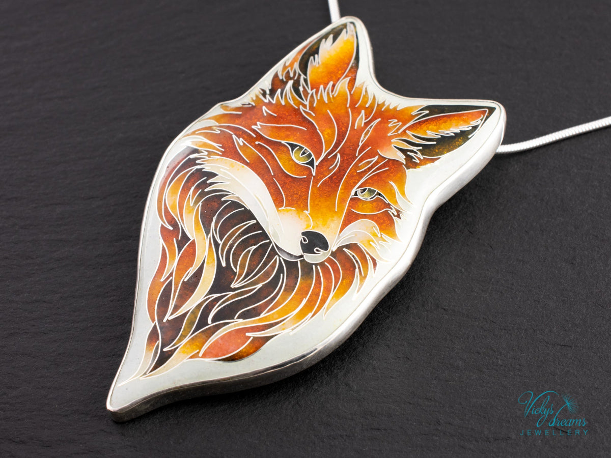 Handmade Cloisonné Red Fox Pendant in Sterling Silver – Enamel Fox Necklace, Organic Shape Artisan Jewelry