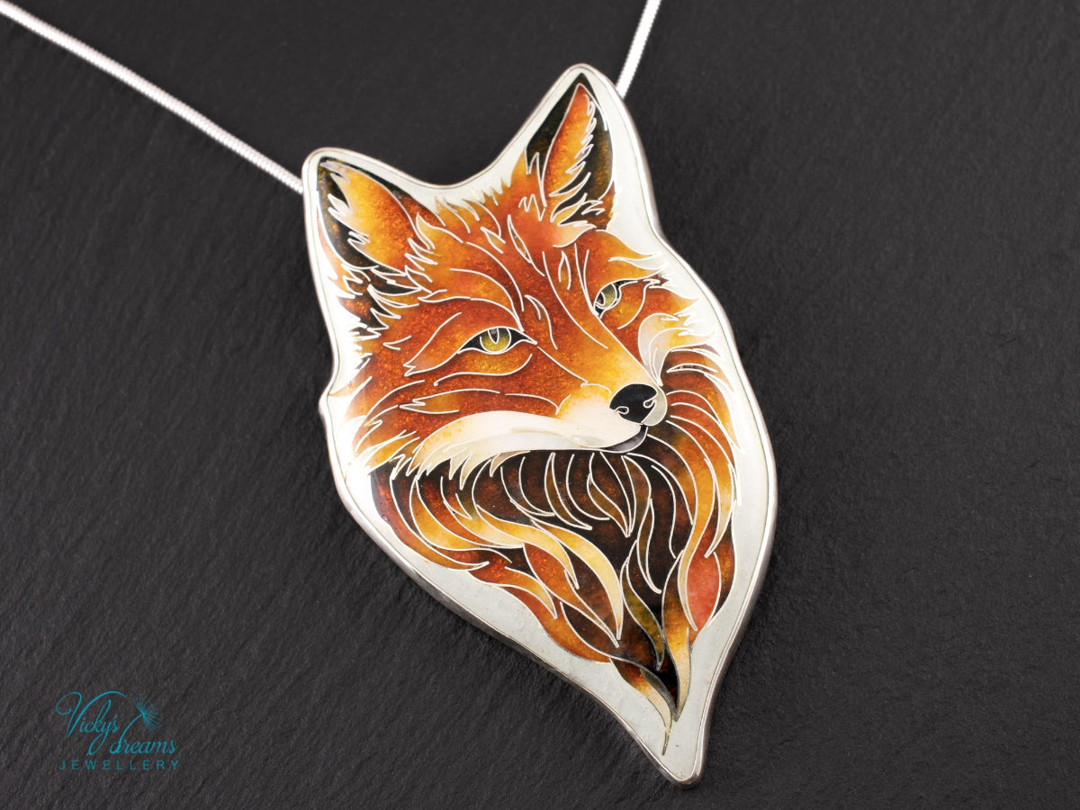 Handmade Cloisonné Red Fox Pendant in Sterling Silver – Enamel Fox Necklace, Organic Shape Artisan Jewelry