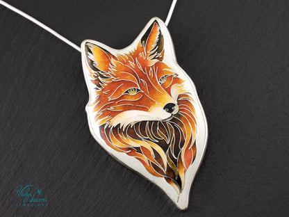 Handmade Cloisonné Red Fox Pendant in Sterling Silver – Enamel Fox Necklace, Organic Shape Artisan Jewelry