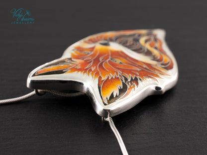 Handmade Cloisonné Red Fox Pendant in Sterling Silver – Enamel Fox Necklace, Organic Shape Artisan Jewelry