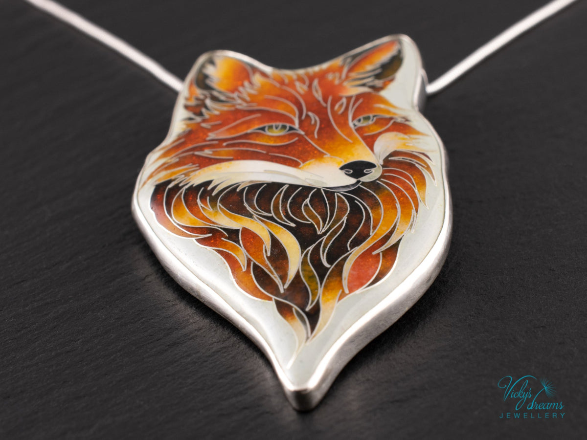 Handmade Cloisonné Red Fox Pendant in Sterling Silver – Enamel Fox Necklace, Organic Shape Artisan Jewelry