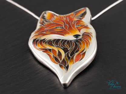 Handmade Cloisonné Red Fox Pendant in Sterling Silver – Enamel Fox Necklace, Organic Shape Artisan Jewelry