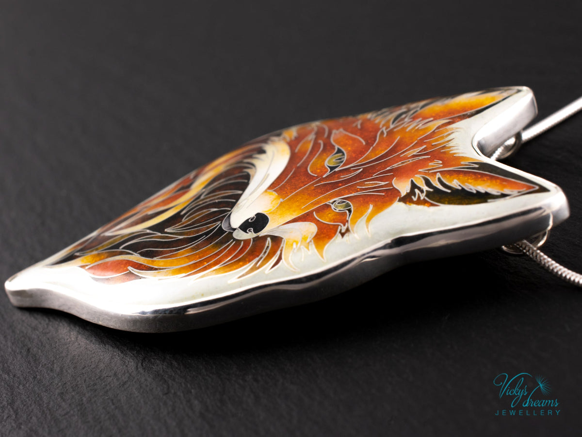 Handmade Cloisonné Red Fox Pendant in Sterling Silver – Enamel Fox Necklace, Organic Shape Artisan Jewelry