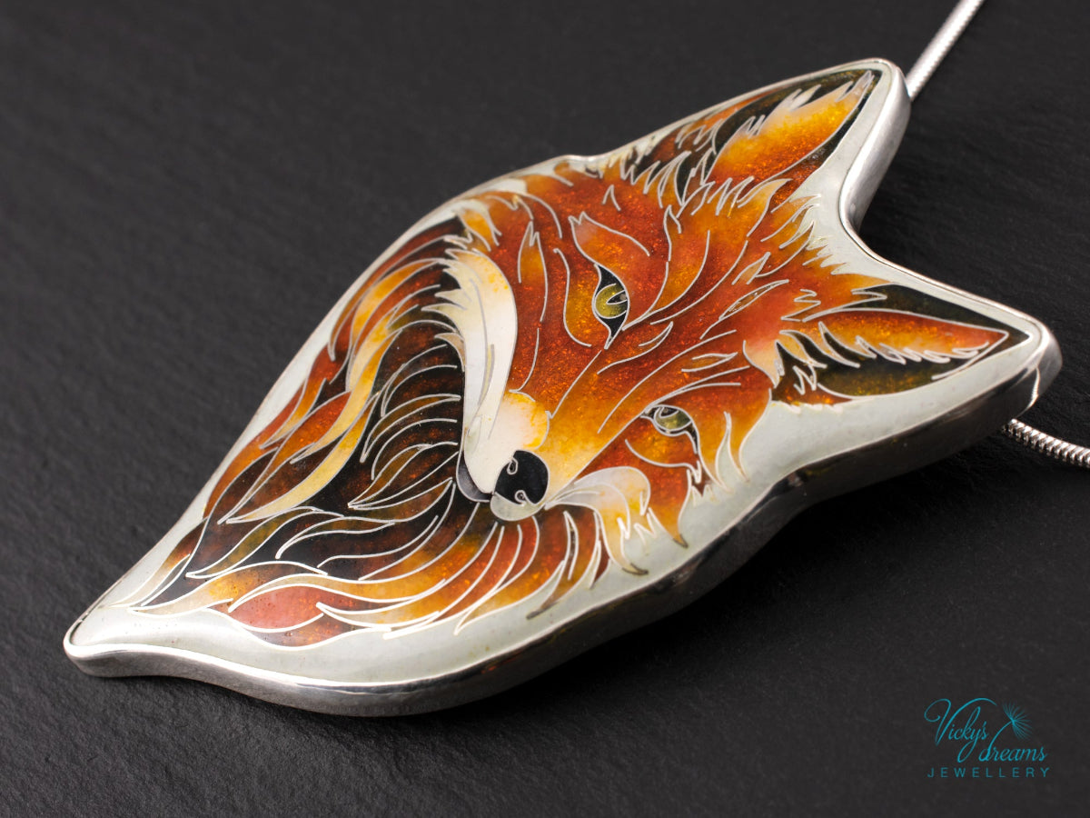 Handmade Cloisonné Red Fox Pendant in Sterling Silver – Enamel Fox Necklace, Organic Shape Artisan Jewelry