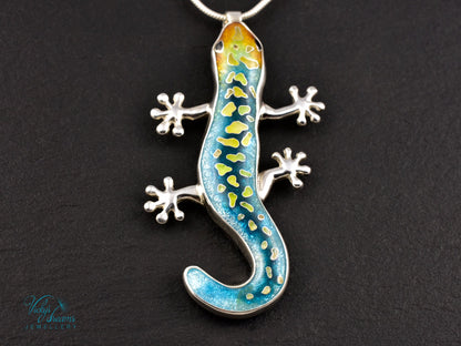 Handcrafted cloisonné enamel necklace with blue, yellow, and orange lizard design set in sterling silver.