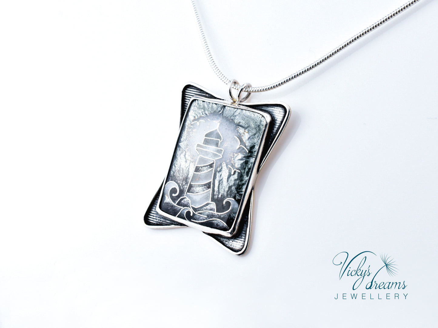gray lighthouse Cloisonné enamel pendant