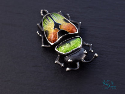 Beetle Cloisonne Enamel Pendant Necklace - Handmade Sterling Silver Insect Jewelry