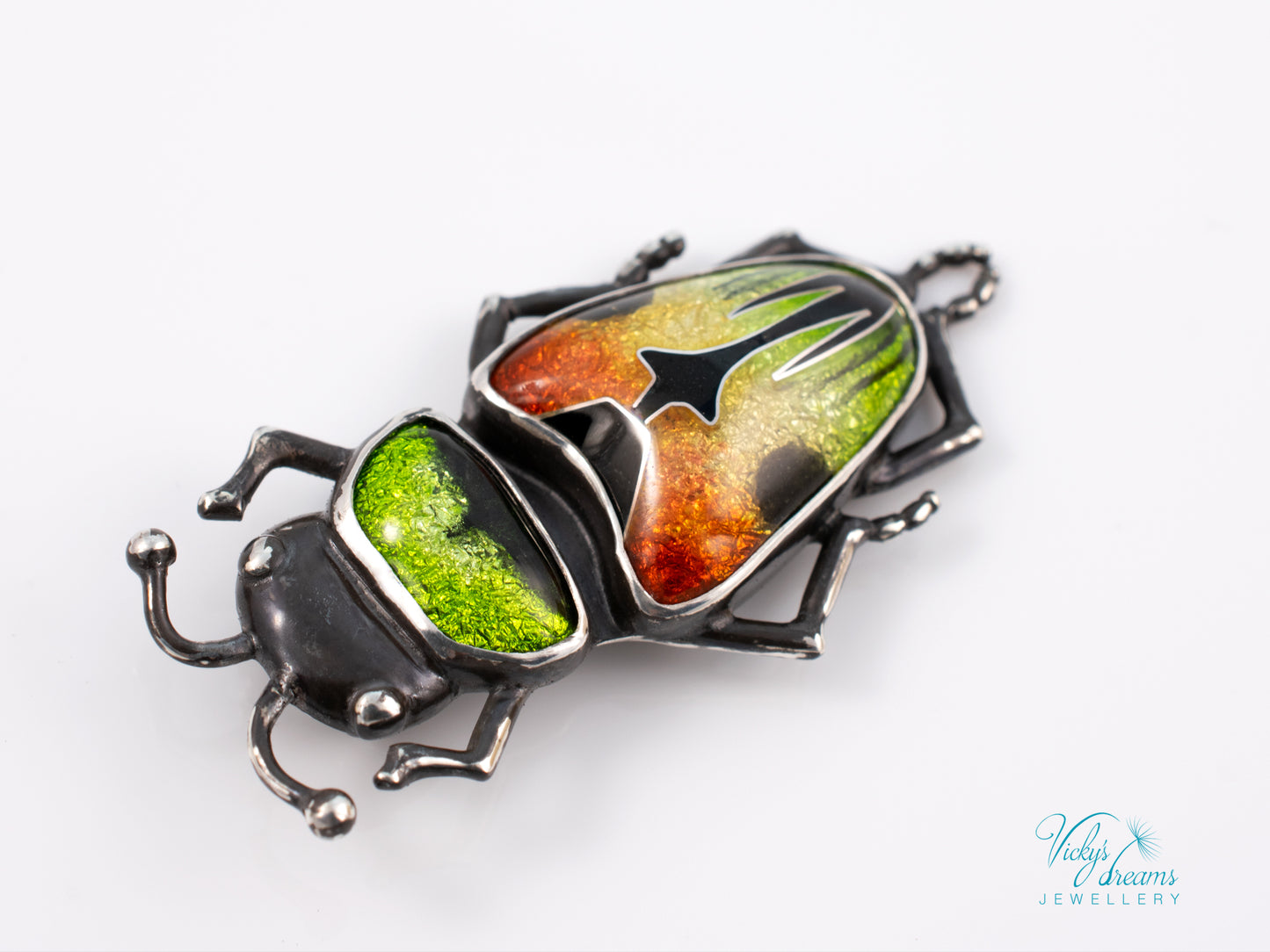 Beetle Cloisonne Enamel Pendant Necklace - Handmade Sterling Silver Insect Jewelry