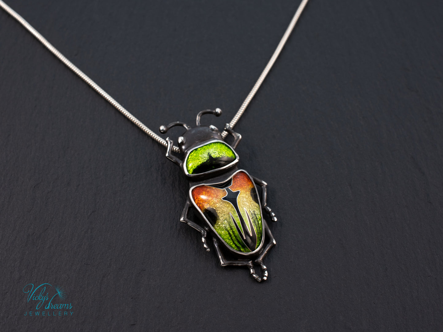 Beetle Cloisonne Enamel Pendant Necklace - Handmade Sterling Silver Insect Jewelry