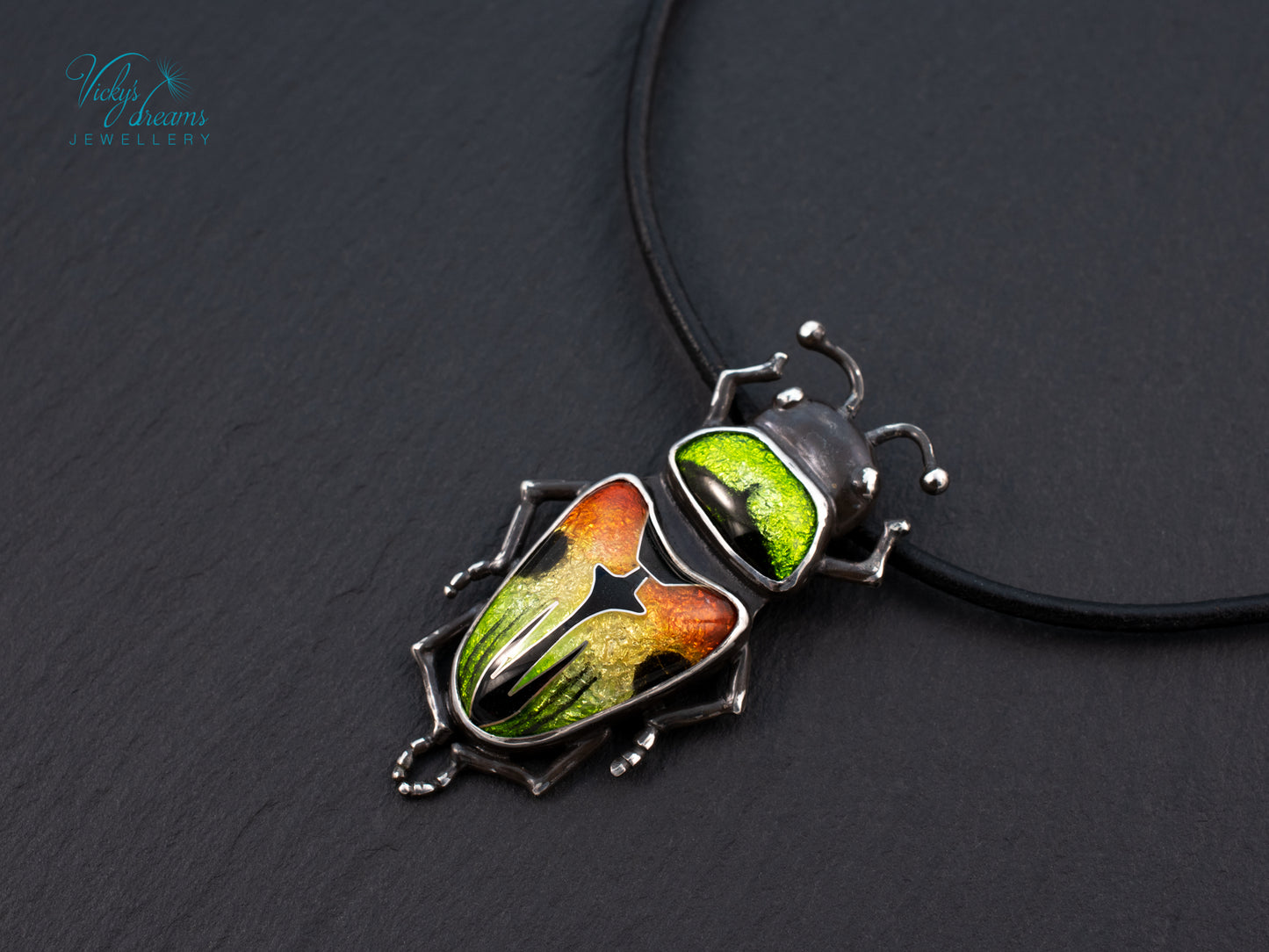 Beetle Cloisonne Enamel Pendant Necklace - Handmade Sterling Silver Insect Jewelry
