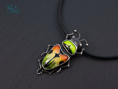 Beetle Cloisonne Enamel Pendant Necklace - Handmade Sterling Silver Insect Jewelry