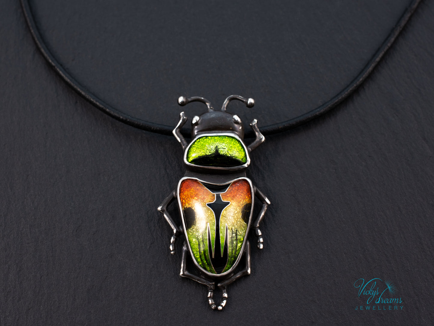 Beetle Cloisonne Enamel Pendant Necklace - Handmade Sterling Silver Insect Jewelry