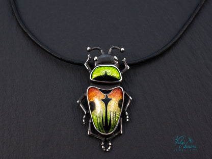Beetle Cloisonne Enamel Pendant Necklace - Handmade Sterling Silver Insect Jewelry