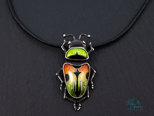 Beetle Cloisonne Enamel Pendant Necklace - Handmade Sterling Silver Insect Jewelry