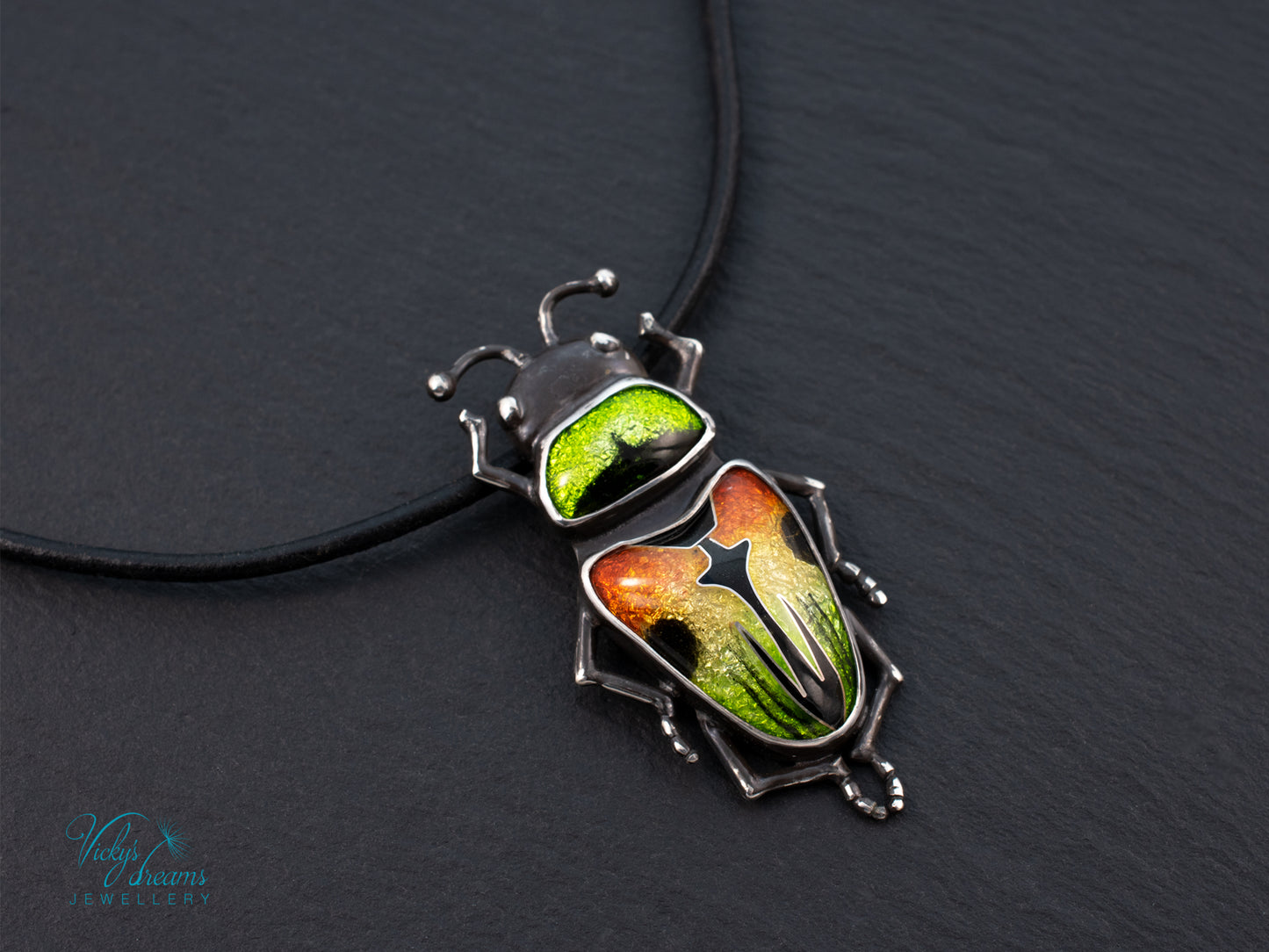 Beetle Cloisonne Enamel Pendant Necklace - Handmade Sterling Silver Insect Jewelry