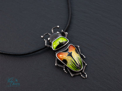 Beetle Cloisonne Enamel Pendant Necklace - Handmade Sterling Silver Insect Jewelry