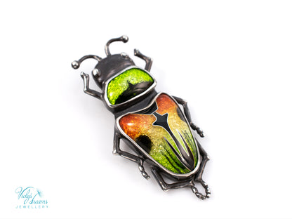 Beetle Cloisonne Enamel Pendant Necklace - Handmade Sterling Silver Insect Jewelry