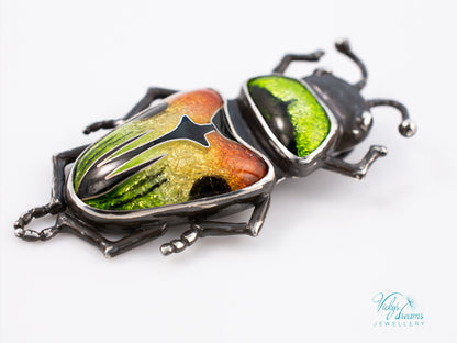 Beetle Cloisonne Enamel Pendant Necklace - Handmade Sterling Silver Insect Jewelry