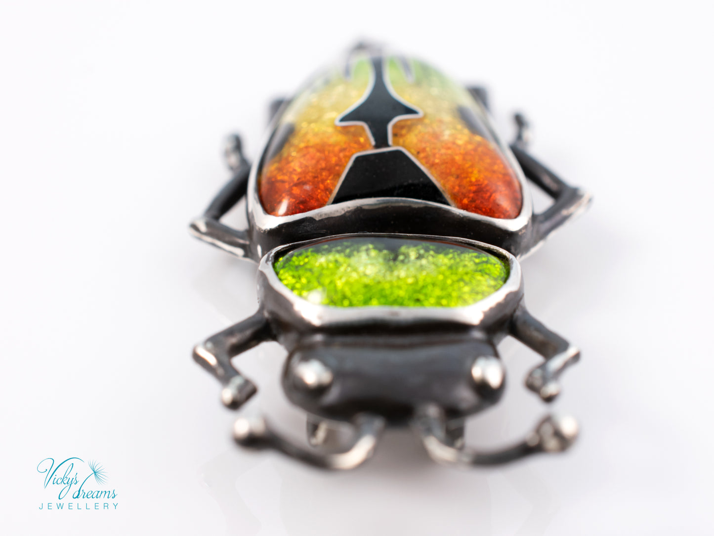Beetle Cloisonne Enamel Pendant Necklace - Handmade Sterling Silver Insect Jewelry
