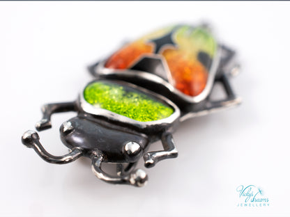 Beetle Cloisonne Enamel Pendant Necklace - Handmade Sterling Silver Insect Jewelry