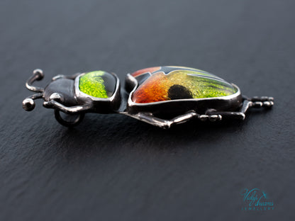 Beetle Cloisonne Enamel Pendant Necklace - Handmade Sterling Silver Insect Jewelry