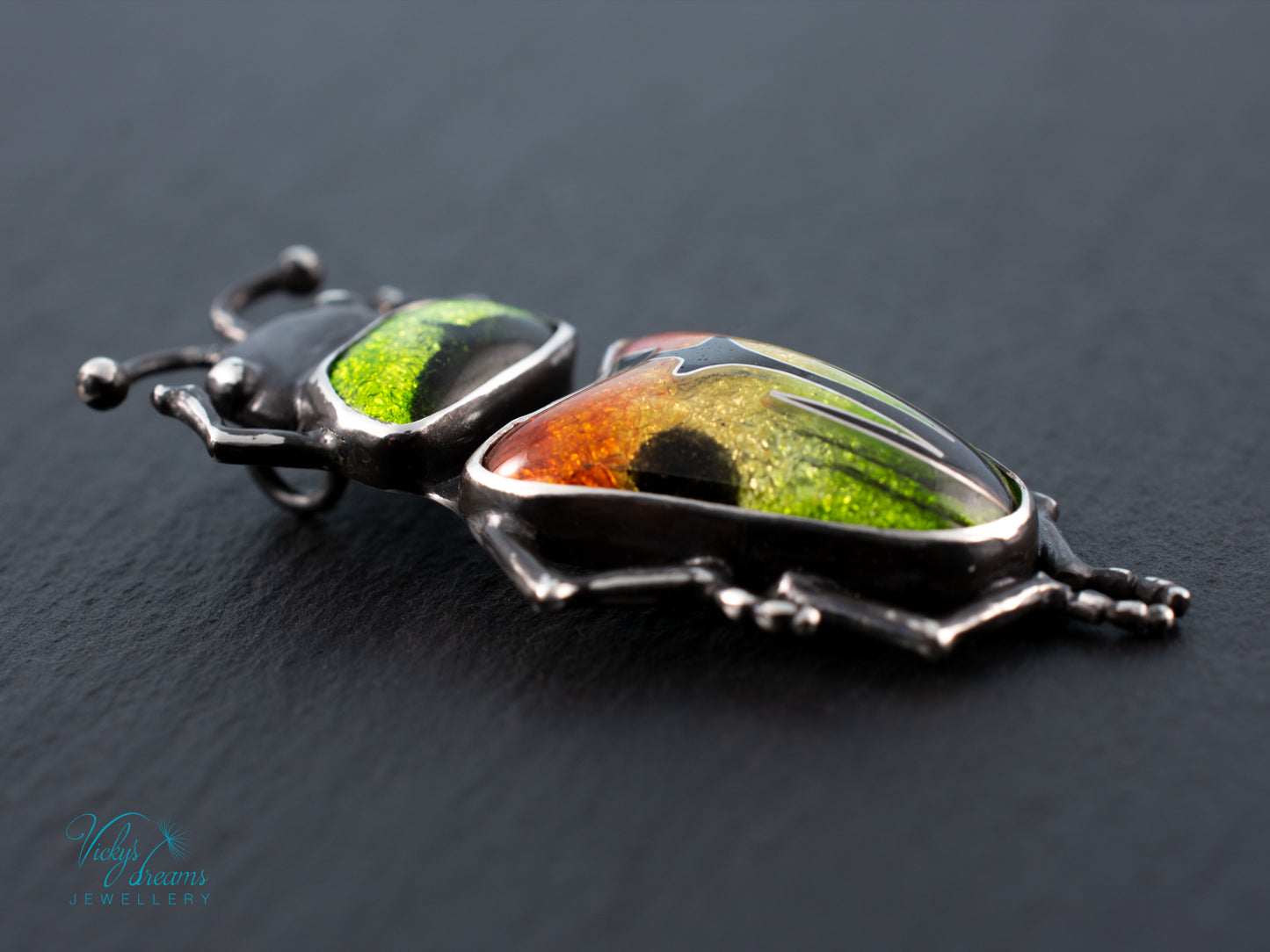 Beetle Cloisonne Enamel Pendant Necklace - Handmade Sterling Silver Insect Jewelry
