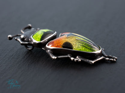 Beetle Cloisonne Enamel Pendant Necklace - Handmade Sterling Silver Insect Jewelry