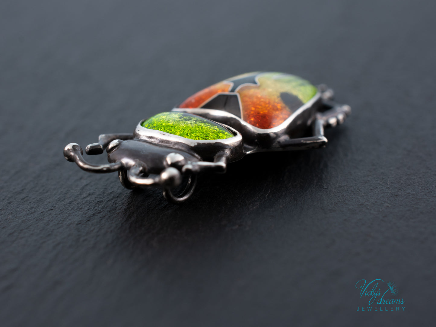 Beetle Cloisonne Enamel Pendant Necklace - Handmade Sterling Silver Insect Jewelry