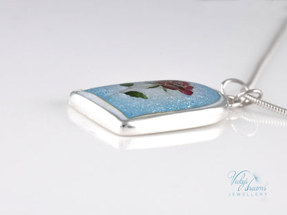 Handcrafted cloisonné enamel The Little Prince rose pendant on sterling silver