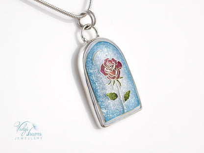 Handcrafted cloisonné enamel The Little Prince rose pendant on sterling silver