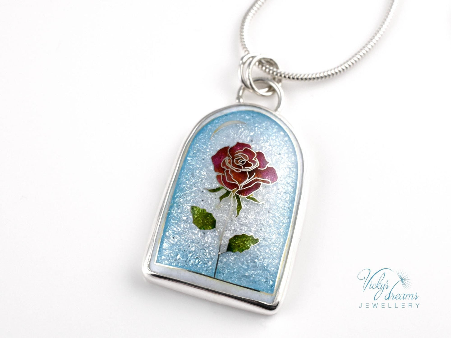 Handcrafted cloisonné enamel The Little Prince rose pendant on sterling silver